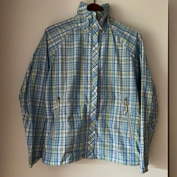 Columbia Jacket Plaid Blue Green Lightweight Windbreaker Omni Shade - Picture 1 of 9
